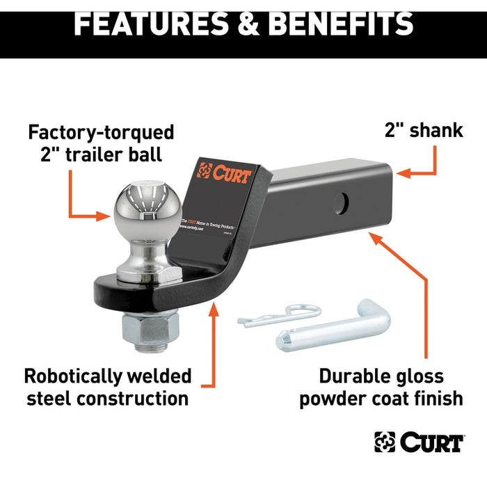 CURT Trailer Hitch Mount with 2-Inch Ball & Pin, Imported, Fits 2-In Receiver, 7,500 lbs, 2" Drop Model 45836