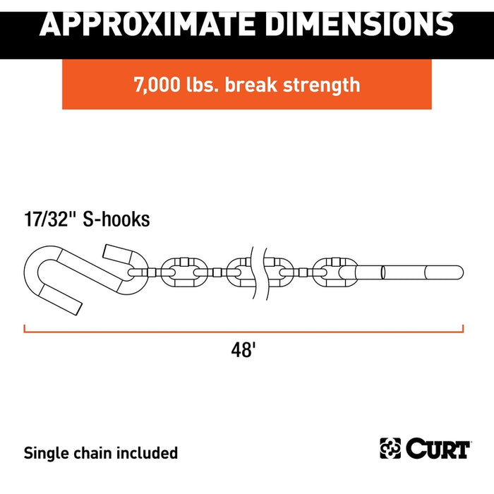 CURT 48-Inch Trailer Safety Chain with 17/32-In S-Hooks, 7,000 lbs Break Strength Model 80301