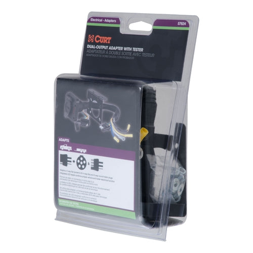 CURT Dual-Output 4-Way Flat Vehicle-Side to 6-Way Round Trailer Wiring Adapter with Tester Model 57624