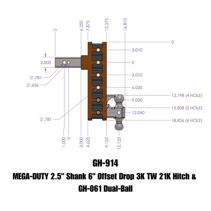 GEN-Y MEGA-DUTY 2.5" Offset Shank 3" Rise, 6" Drop 3K TW 21K Hitch & GH-061 Dual-Ball Model GH-914