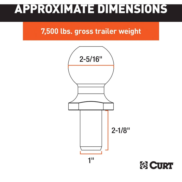 CURT Chrome Trailer Hitch Ball, 7,500 lbs, 2-5/16-Inch Diameter, 1 x 2-1/8-Inch Shank Model 40005