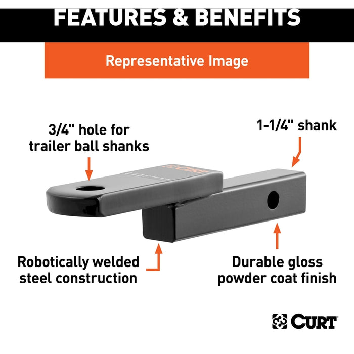 CURT Class 2 Trailer Hitch Ball Mount, Fits 1-1/4-Inch Receiver, 3,500 lbs, 3/4-Inch Hole, 1-1/4-In Drop, 3/4" Rise Model 45519