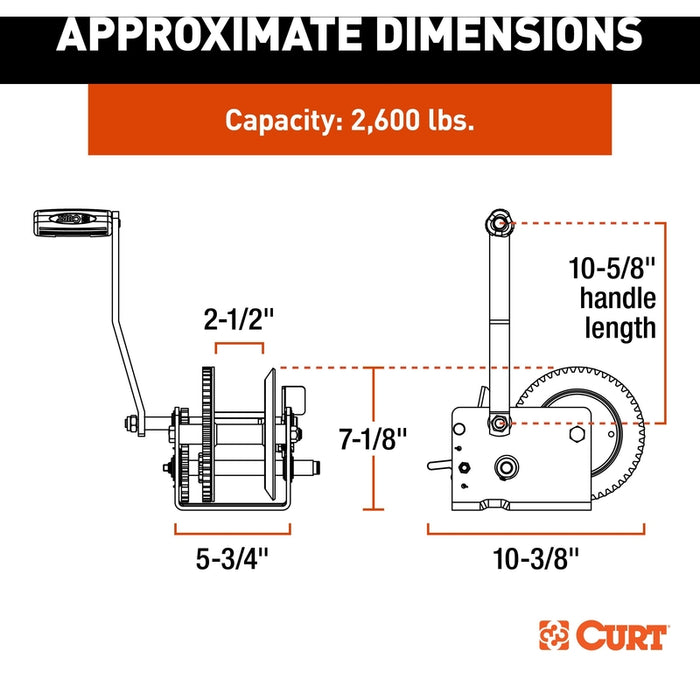 CURT Hand-Crank 2-Speed Winch, 2,600 lbs, 5.1:1 High, 12.7:1 Low Gear Ratio, 10.6" Handle Model 29526