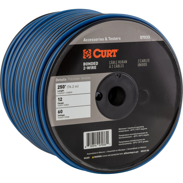 CURT Automotive Primary Wire, 2-Bond Black, Blue 250-Foot Trailer Wiring Spool, 60-Volt, 12-Gauge Model 57033