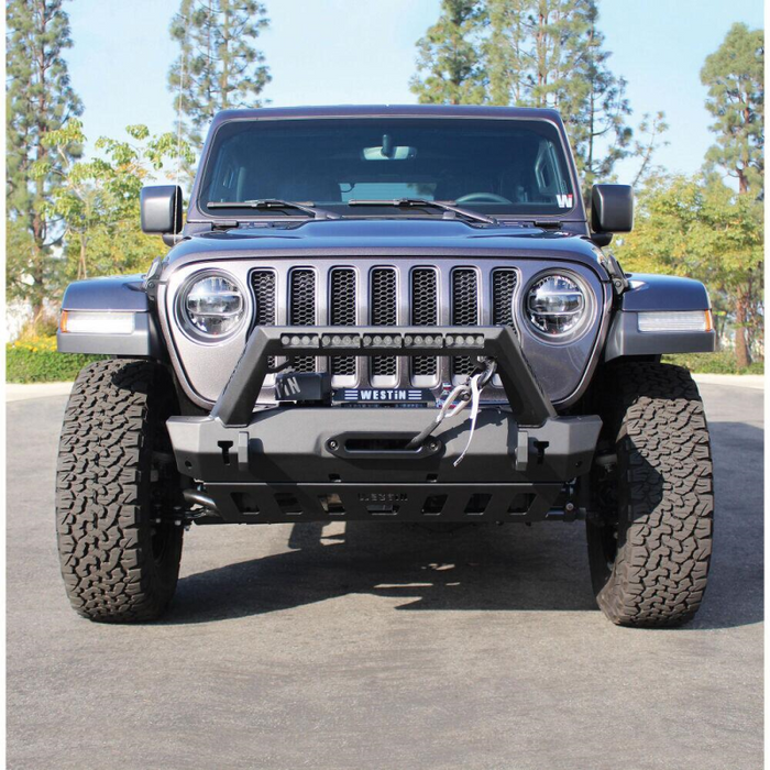 Westin WJ2 Stubby Front Bumper With LED Light Bar Mount Textured Black Steel Model 59-80085
