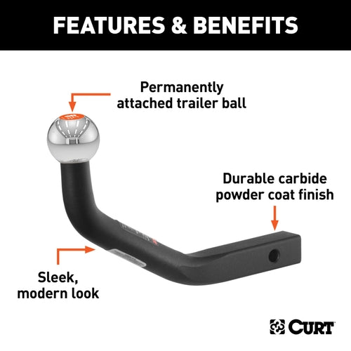 CURT Euro Trailer Hitch Ball Mount, 1-1/4" Receiver Shank, Permanently Attached 2" Ball for 2" Couplers, 3,500 lbs GTW / 350 lbs TW, 5-1/8" Ball Height, 9-3/4" Long Model 45562