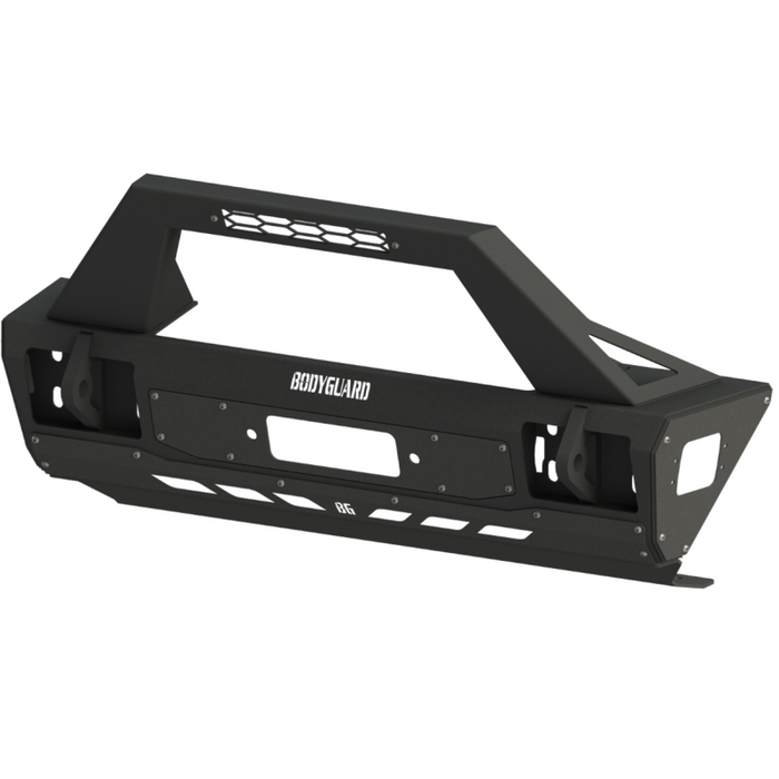 Bodyguard JL Front Bumper Stubby With Push Bar End Cap Light Cutouts With Camera Harness + Pod Bare Metal Model 47077BNB