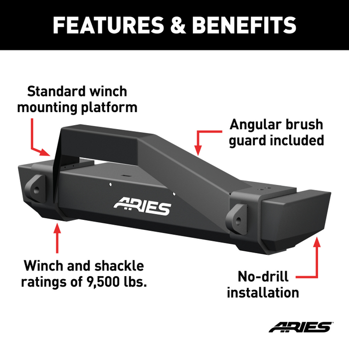 ARIES TrailCrusher Jeep Wrangler TJ Steel Front Bumper with Brush Guard, 9.5K Model 2186001
