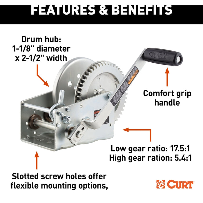 CURT Hand-Crank 2-Speed Winch, 3,200 lbs, 5.4:1 High, 17.5:1 Low Gear Ratio, 9.6" Handle Model 29532