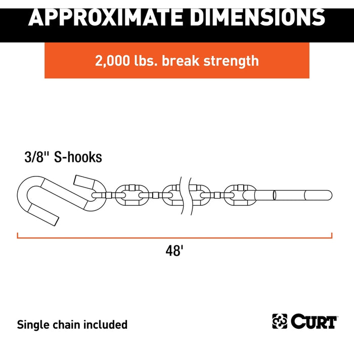 CURT 48-Inch Trailer Safety Chain with 3/8-In S-Hooks, 2,000 lbs Break Strength Model 80010