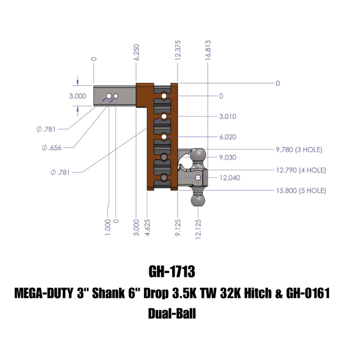 GEN-Y MEGA-DUTY 3" Shank 6" Drop 3.5K TW 32K Hitch & GH-0161 Dual-Ball Model GH-1713