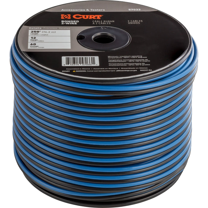 CURT Automotive Primary Wire, 2-Bond Black, Blue 250-Foot Trailer Wiring Spool, 60-Volt, 12-Gauge Model 57033