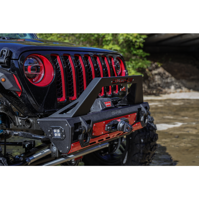 Bodyguard JL Front Bumper Stubby With Push Bar End Cap Light Cutouts No Camera Harness Or Pod Texture Black Powder Coat Model 47077TNN