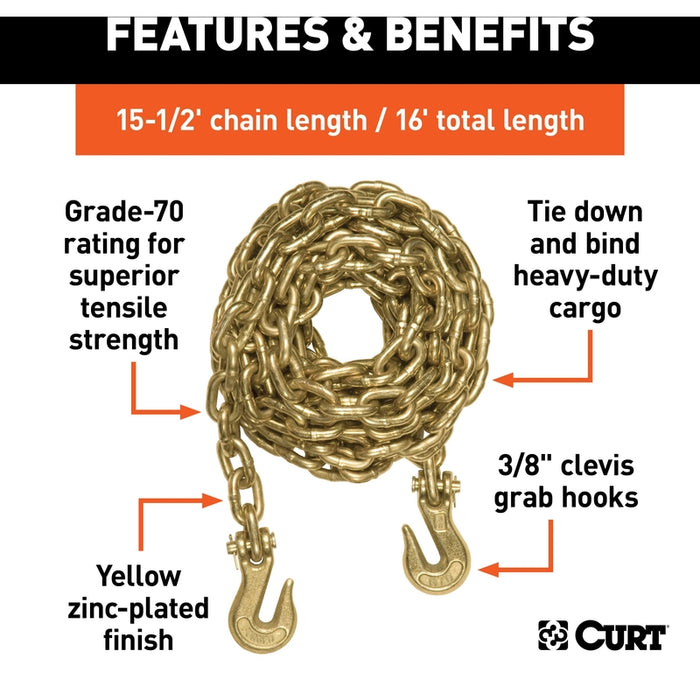 CURT 16-Foot Transport Binder Chain, 3/8-Inch Clevis Hooks, 26,400 lbs Break Strength, Load Tie-Down, Trailer, Flatbed Model 80310
