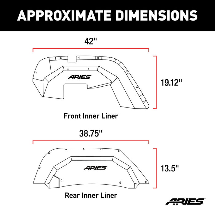 ARIES Jeep Wrangler JK Aluminum Front and Rear Inner Fender Liners Model 2500450