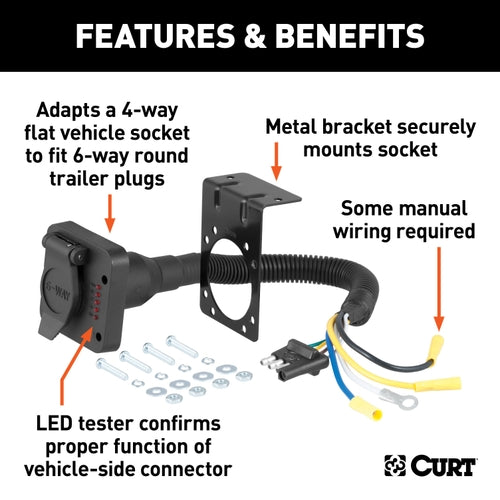 CURT 4-Way Flat Vehicle-Side to 6-Way Round Trailer Wiring Adapter with Tester Model 57626