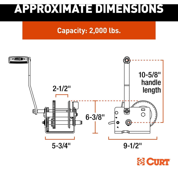 CURT Hand-Crank 2-Speed Winch, 2,000 lbs, 4.1:1 High, 10.25:1 Low Gear Ratio, 10.6" Handle Model 29520