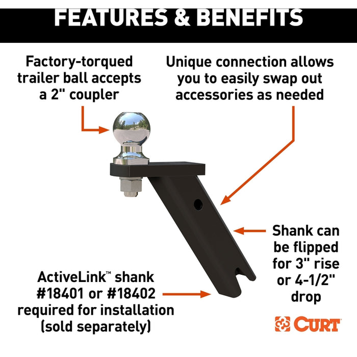 CURT ActiveLink Hitch Ball Mount, Fits 2-Inch Trailer Couplers, 3,500 Pounds GTW Model 18416