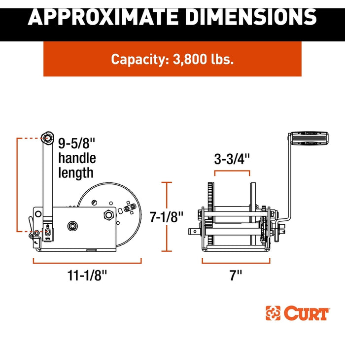 CURT Hand-Crank 2-Speed Winch, 3,800 lbs, 5.1:1 High, 15.8:1 Low Gear Ratio, 9.6" Handle Model 29538