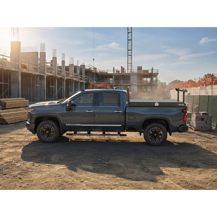 Highway Products Pickup Pack, w/ Black Diamond Plate Lid, w/ Black Smooth Aluminum Base, w/ Open Post Headache Rack, w/ Ladder Rack Model 39209BFPL