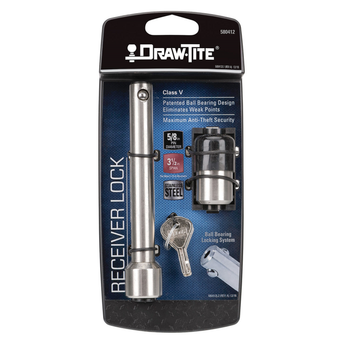 Draw-Tite Trailer Hitch Lock - 2-1/2 in. Square Receiver, 5/8 in. Pin Diameter, Dogbone Style, Stainless Steel Model 580412