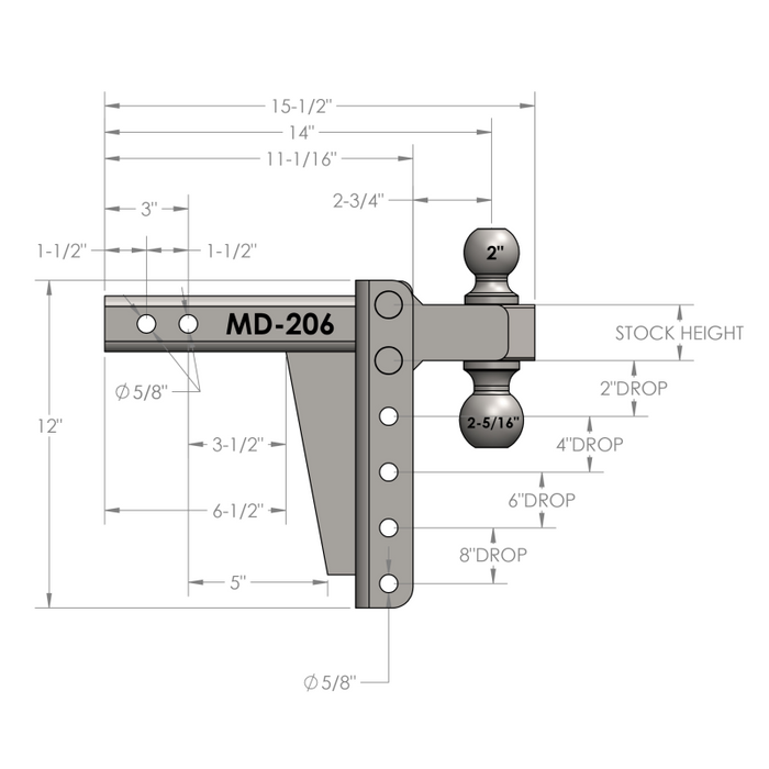 BulletProof Hitches 2.0" Medium Duty 6" Drop/Rise Hitch Model MD206