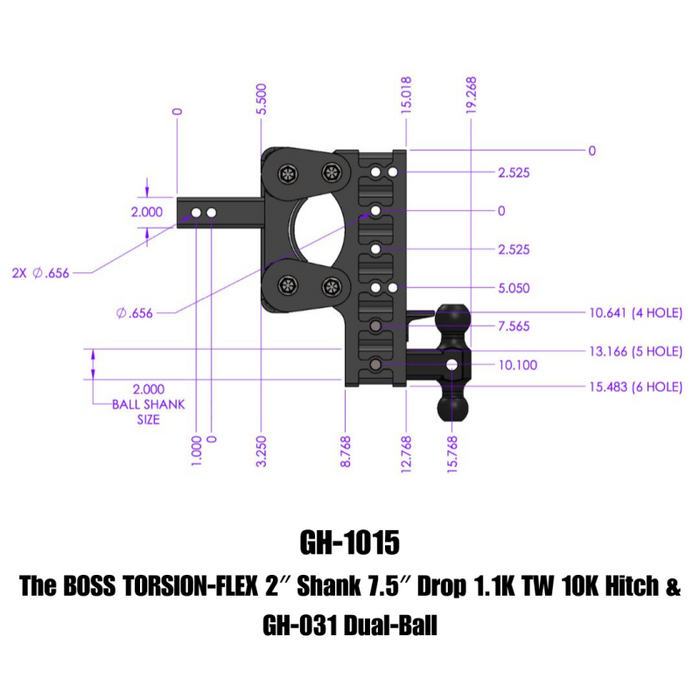 GEN-Y The BOSS TORSION-FLEX 2" Shank 7.5" Drop 1.1K TW 10K Hitch & GH-031 Dual-Ball Model GH-1015