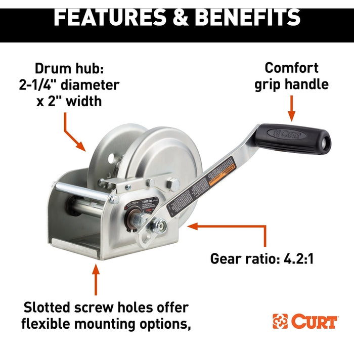 CURT Hand-Crank Brake Winch, 1,000 lbs, 4.2:1 Gear Ratio, 7" Handle Model 29610