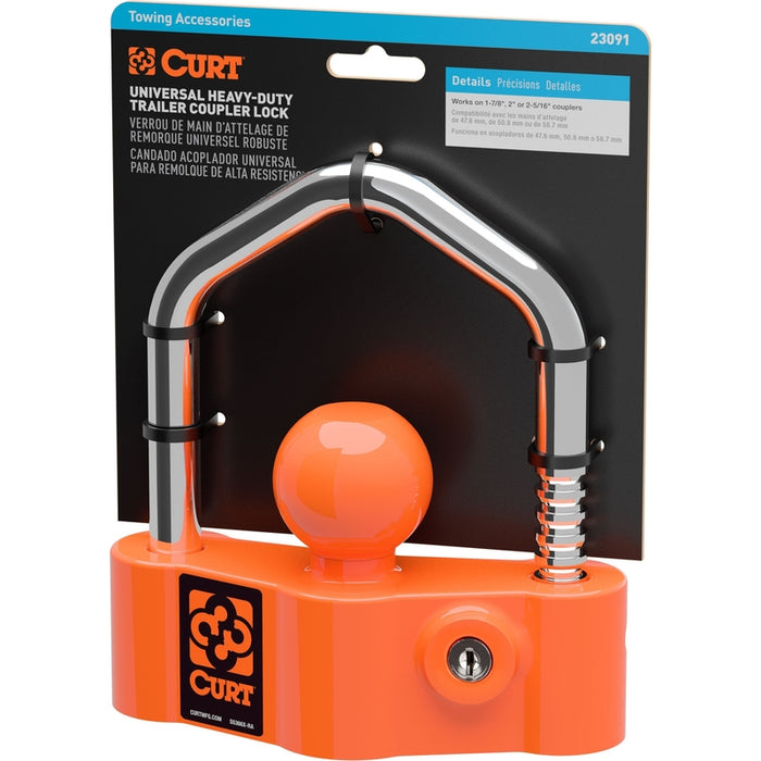 CURT Universal Heavy-Duty Trailer Coupler Lock, Bright Orange, Fits Couplers with 1-7/8", 2" or 2-5/16" Ball Diameter Model 23091