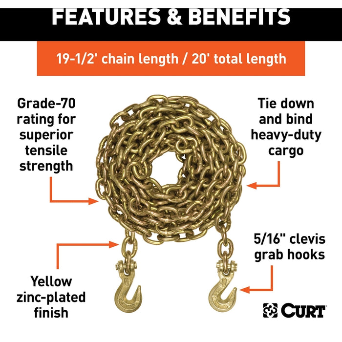 CURT 20-Foot Transport Binder Chain, 5/16-Inch Clevis Hooks, 18,800 lbs Break Strength, Load Tie-Down, Trailer, Flatbed Model 80307