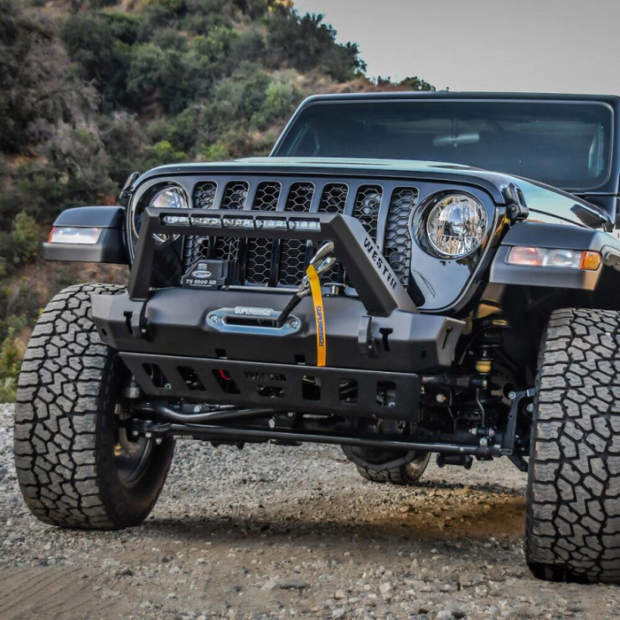 Westin WJ2 Stubby Front Bumper With LED Light Bar Mount Textured Black Steel Model 59-80085