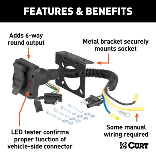 CURT Dual-Output 4-Way Flat Vehicle-Side to 6-Way Round Trailer Wiring Adapter with Tester Model 57624