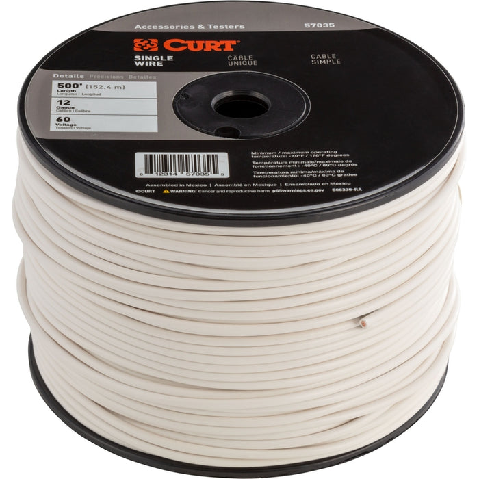 CURT Automotive Primary Wire, White 500-Foot Trailer Wiring Spool, 60-Volt, 12-Gauge Model 57035