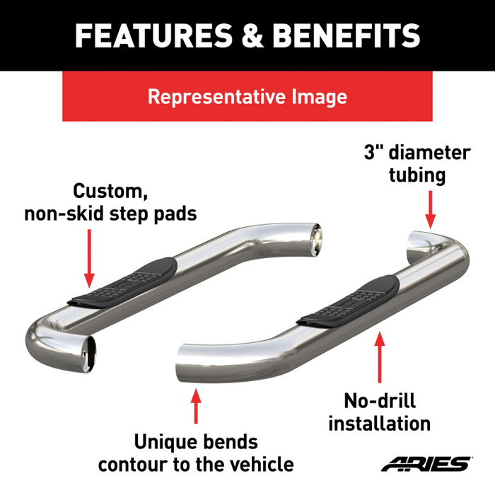 ARIES 3" Round Polished Stainless Side Bars, Fits Select Ford Bronco, F-150 Model 203001-2