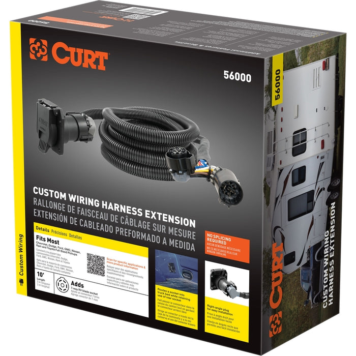 CURT 10-Foot Vehicle-Side Truck Bed 7-Pin Trailer Wiring Harness Extension, Select Chevrolet, Dodge, Ford, GMC, Nissan, Ram, Toyota Model 56000