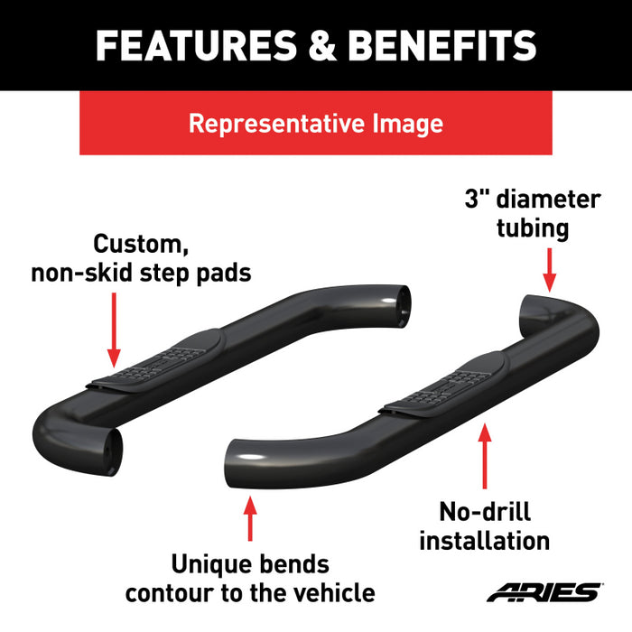 ARIES 3" Round Black Steel Side Bars, Select Jeep Wrangler JK Model 35800