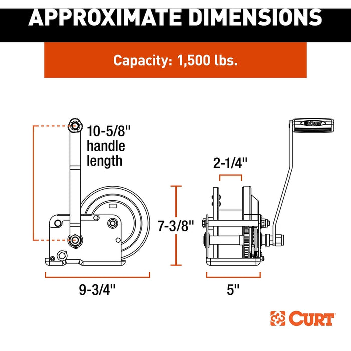 CURT Hand-Crank Brake Winch, 1,500 lbs, 5:1 Gear Ratio, 10.6" Handle Model 29615