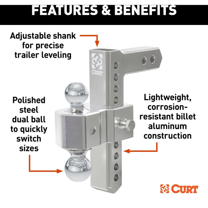 CURT AlumaLite Adjustable Aluminum Trailer Hitch with Dual Ball, 9-1/2" Drop, 10,000 lbs. GTW, 2" & 2-5/16" Balls Model 45366