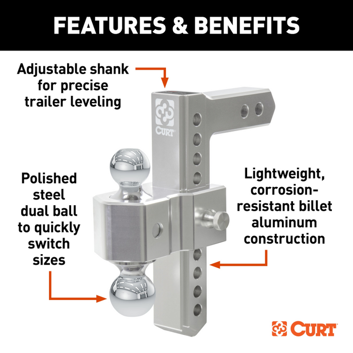CURT AlumaLite Adjustable Aluminum Hitch with Dual Ball, 9-1/2" Drop Model 45366