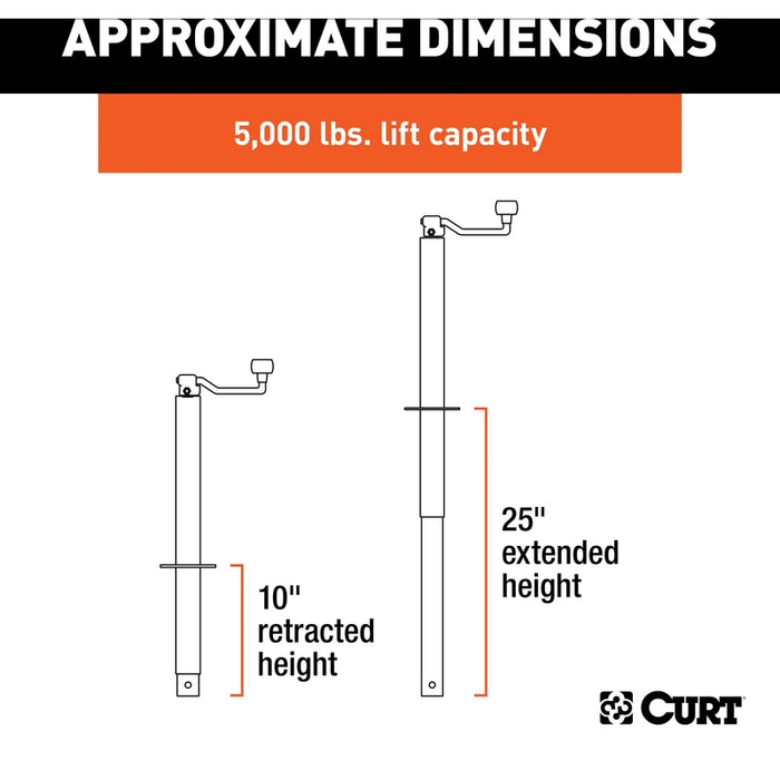 CURT A-Frame Trailer Tongue Jack, 5,000 lbs. Support Capacity, 15 Inches Vertical Travel Model 25007