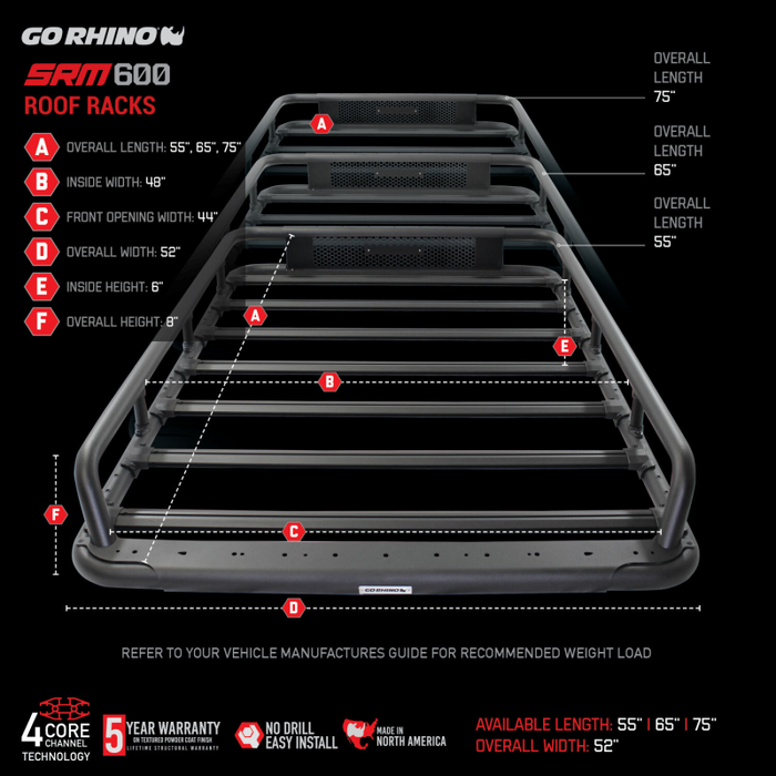 Go Rhino SRM600 55" Long x 52" Wide Tubular Basket Style Roof Rack Model 5936055T