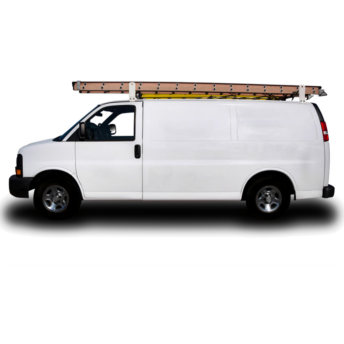 TrailFX Universal 2 Bar Van Ladder Rack W/Gutters 600 LB Capacity 53" To 63" Adjustable Length White Steel Model FCLR004W