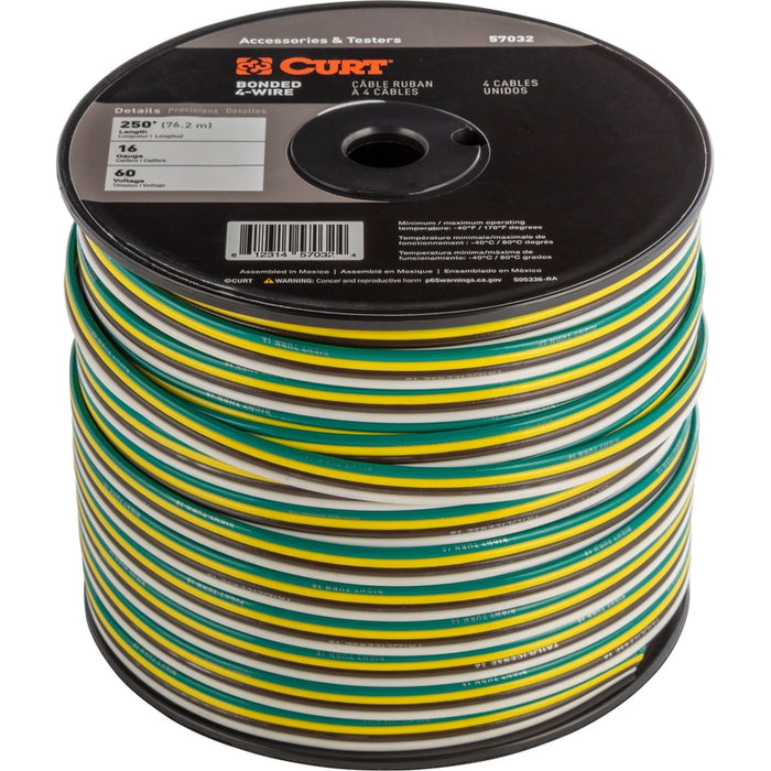 CURT Automotive Primary Wire, 4-Bond White, Brown, Yellow, Green 250-Foot Trailer Wiring Spool, 4-Way Flat, 60-Volt, 16-Gauge Model 57032