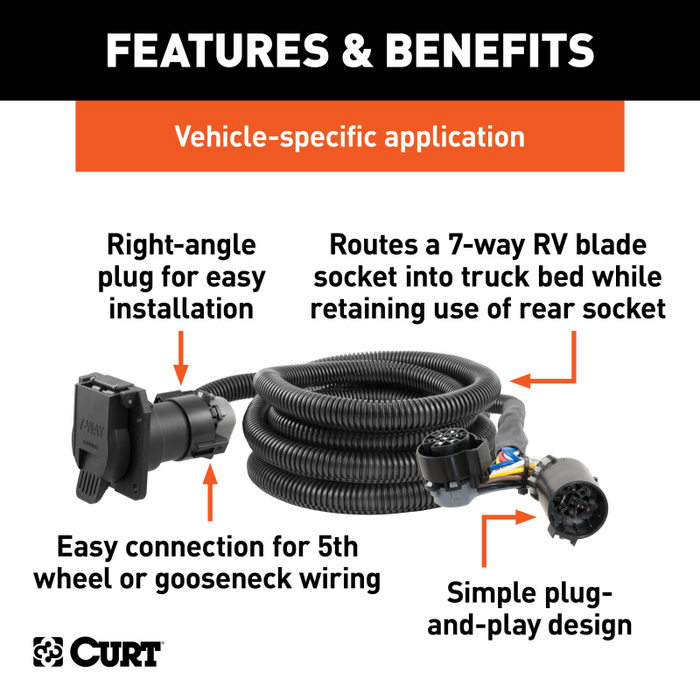 CURT 10' Custom Wiring Extension Harnesses (Adds 7-Way RV Blade to Truck Bed, 10-Pk) Model 56000010