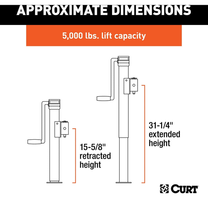 CURT Weld-On Pipe-Mount Swivel Trailer Tongue Jack, 5,000 lbs. Support Capacity, 15-1/2 Inches Vertical Travel Model 25005