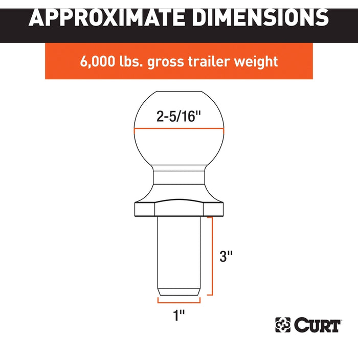 CURT Chrome Trailer Hitch Ball, 6,000 lbs, 2-5/16-Inch Diameter, 1 x 3-Inch Shank Model 40021