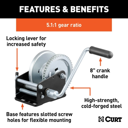 CURT Manual Hand Crank Boat Trailer Winch, 1,700 lbs Capacity, 8-Inch Handle, 5.1:1 Gear Ratio Model 29427