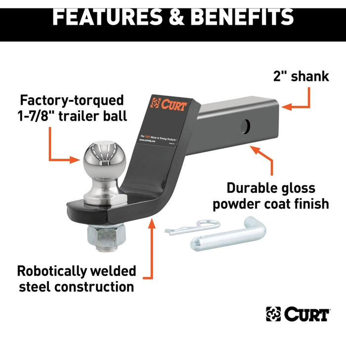 CURT Trailer Hitch Mount with 1-7/8-Inch Ball & Pin, Imported, Fits 2-Inch Receiver, 3,500 lbs, 4-Inch Drop Model 45855