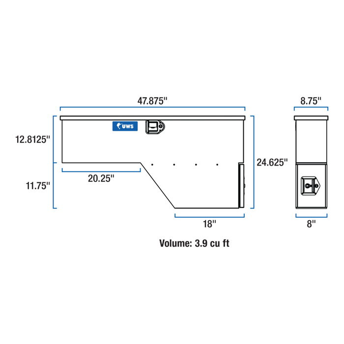 UWS Gloss Black Aluminum 48" Driver-Side Wheel Well Tool Box Model FW-48-DS-D-BLK