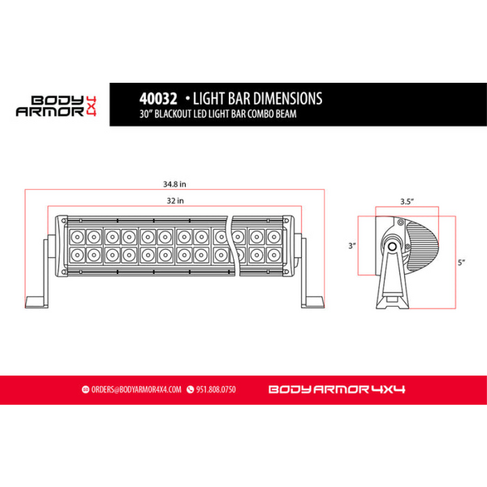 Body Armor 4x4 20" Blackout Led Light Bar Combo Beam With Wire Harness Model 40022
